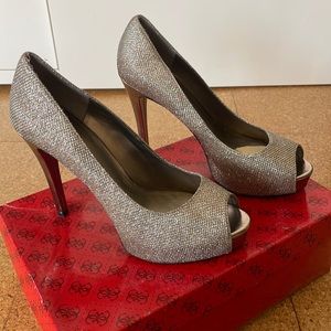 Guess Multi Fabric Gold Peep Toe High Heel Pump. Looks silver. Worn one time.
